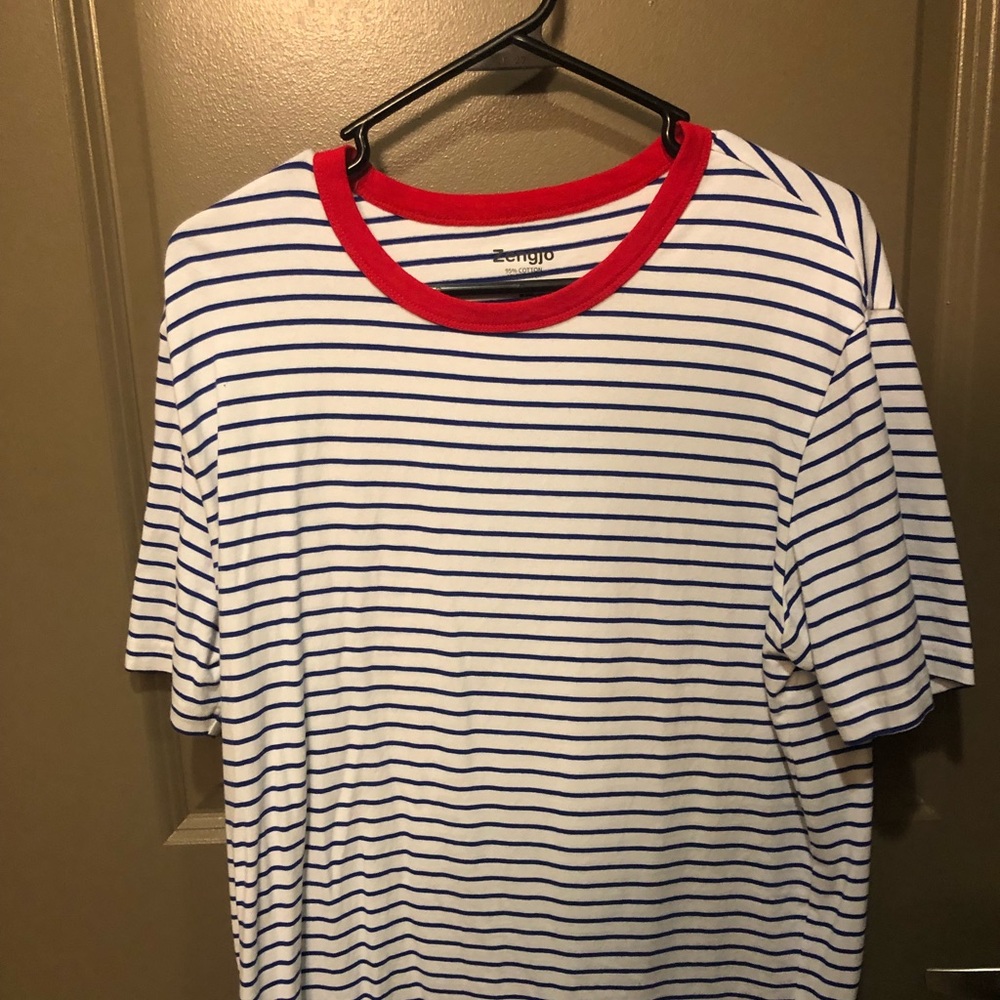 Mens L shirt, white w/ blue stripes red collar